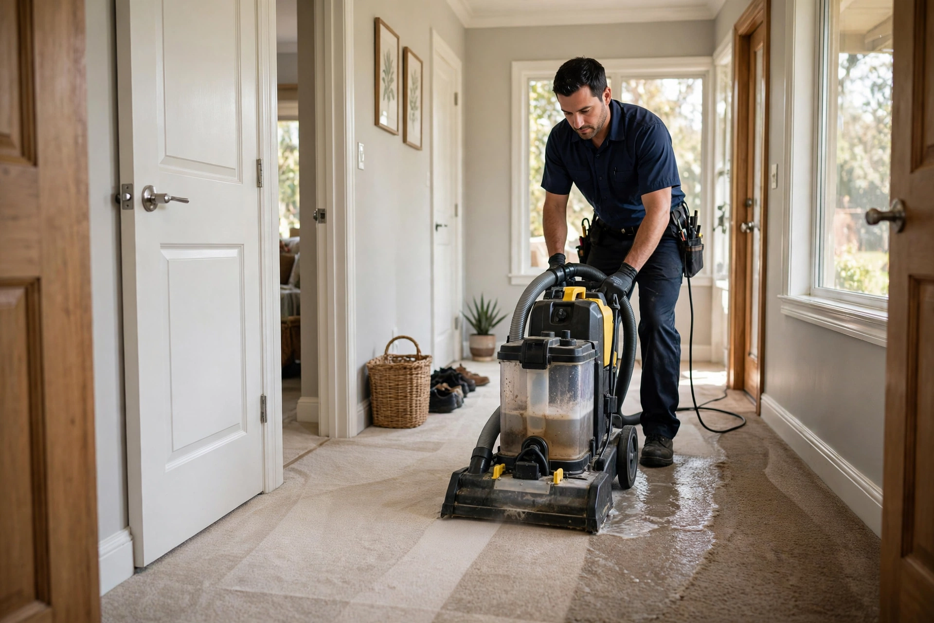Air mover fan drying a freshly cleaned carpet to prevent moisture and musty odors