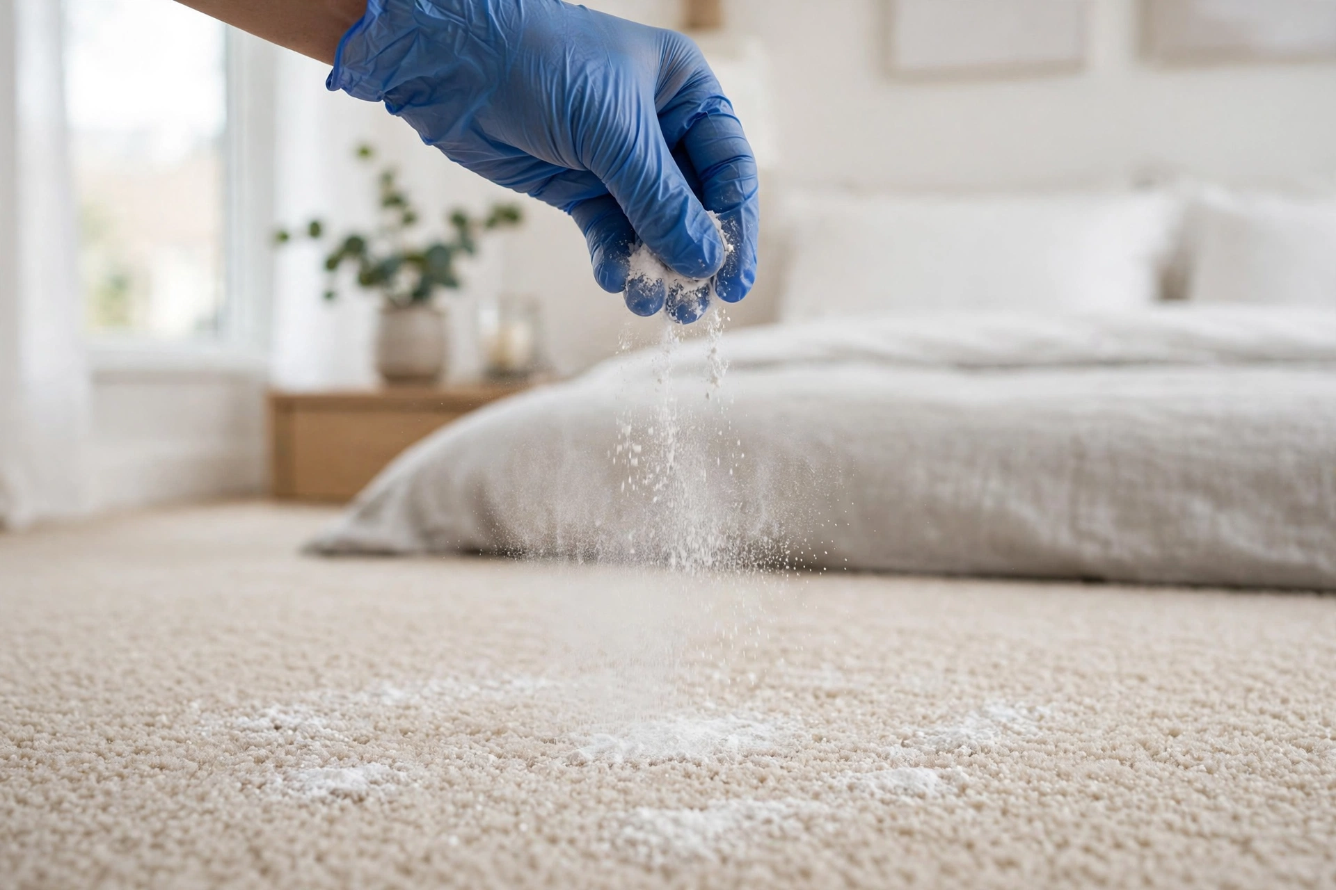 Visible high-traffic wear path on carpet in a home hallway compared to protected carpet under furniture